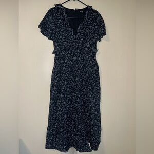 Madewell Ruffled Tiered Black Floral Midi Dress in Dotted Vines size 2